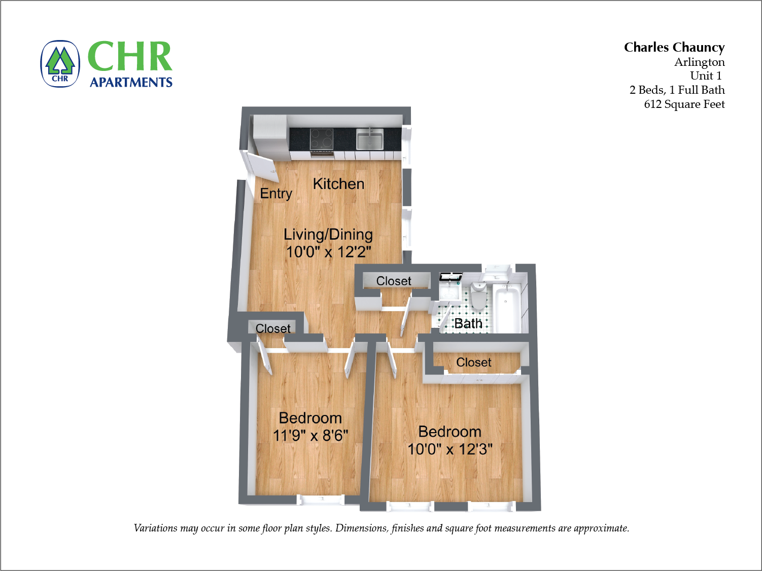 Floor plan for 2 beds, 1 bath, 936 sqft